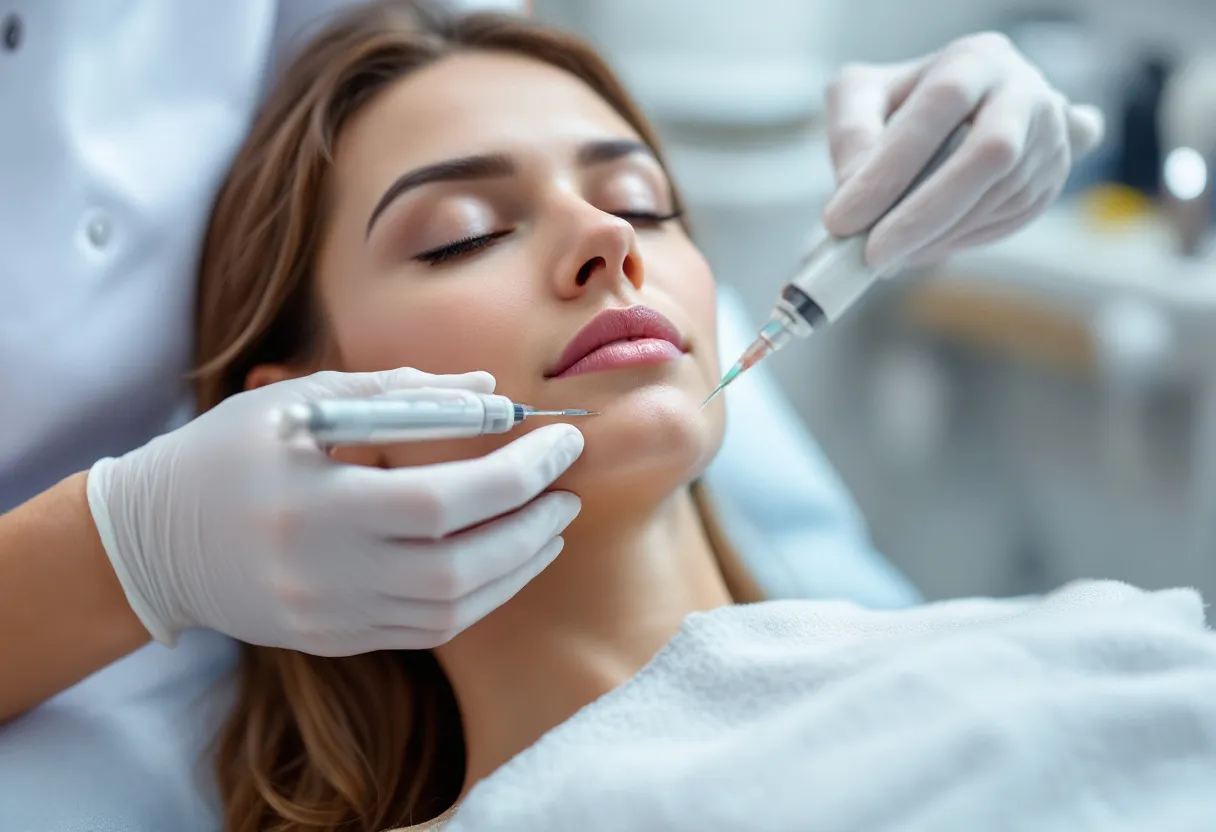 Een fotorealistische close-up van een dermatoloog die met precisie een biostimulator injecteert in de wang van een vrouwelijke patiënt, terwijl kalmerende gelpads en een moderne kliniekomgeving op de achtergrond zichtbaar zijn.