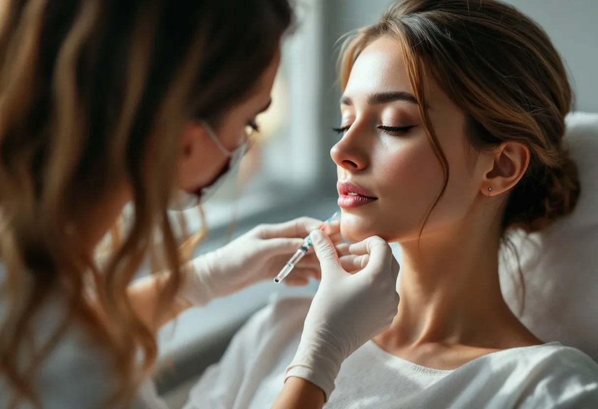 Een huidtherapeut injecteert een collageen-stimulerende biostimulator in de wang van een glimlachende vrouw in een lichte, minimalistische behandelkamer met zicht op de daken van Gent.