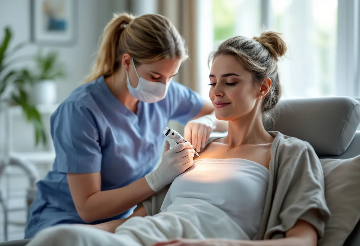Een serene behandelkamer in een Gentse kliniek, waar een professionele arts met uiterste precisie een biostimulator injecteert op de wang van een ontspannen patiënt, met zacht daglicht dat de natuurlijke, verjongende aanpak benadrukt.