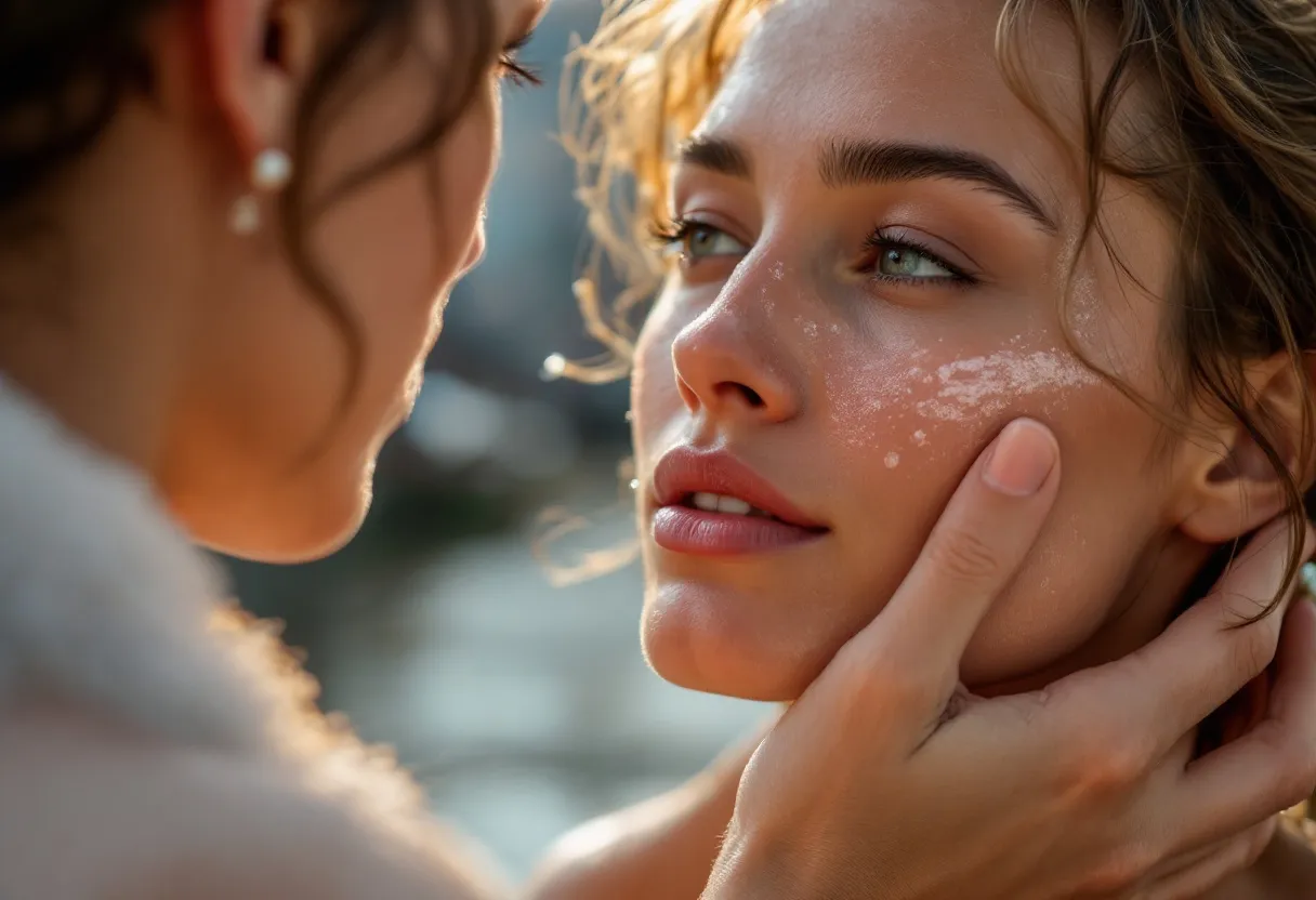 Close-up van een vrouw die een collageen-stimulerend serum aanbrengt op haar strakke, gezonde huid, met op de achtergrond een helder raam dat uitkijkt op de historische Graslei in Gent, badend in warm en zacht meizonlicht.