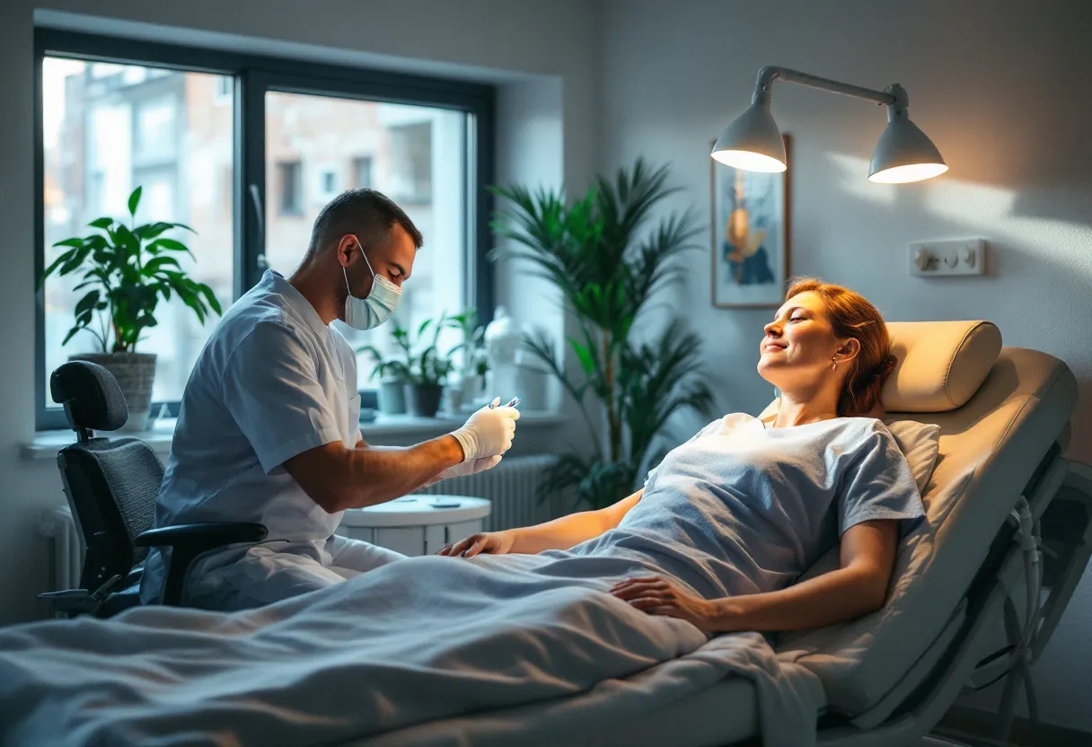 Een serene behandelkamer in Gent met zacht daglicht, waarin een zorgverlener een biostimulator-injectie klaarmaakt naast een comfortabele behandeltafel, terwijl een tevreden cliënt ontspannen wacht op de behandeling.