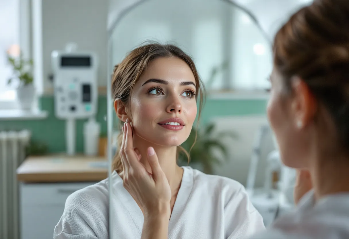 Een stralende vrouw bekijkt haar verstevigde huid in een spiegel, terwijl ze in een behandelstoel zit in een lichte kliniek in Gent, met zicht op een groene binnenplaats.