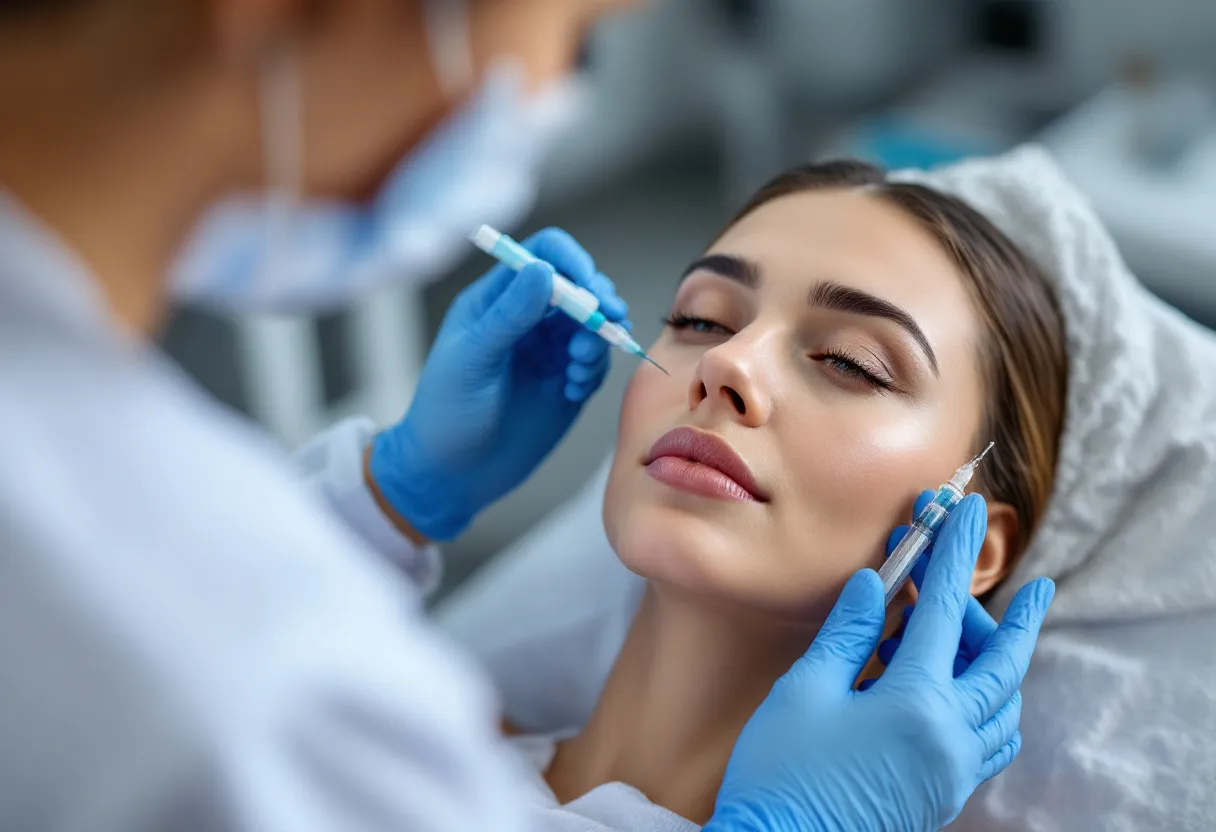 Een close-up van een vrouw met stralende huid die een zachte injectiebehandeling met een biostimulator ondergaat in een rustige, moderne kliniek in Gent, terwijl een zorgzame arts nauwkeurig te werk gaat.