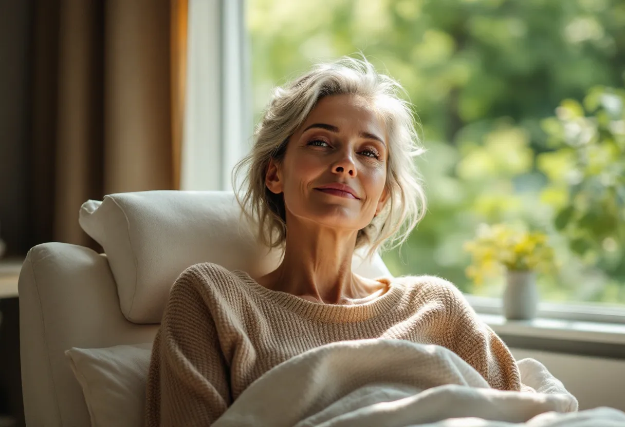 Een glimlachende vrouw van middelbare leeftijd met een natuurlijk stralende en stevige huid, zittend in een lichte, serene behandelkamer met uitzicht op een groene binnentuin in Gent.