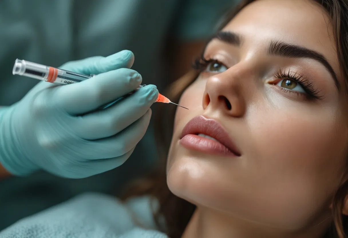 Close-up van rustige handen die een fijne injectienaald boven een vrouwelijk gezicht houden, in een stijlvolle kliniek met uitzicht op de Gentse torens.